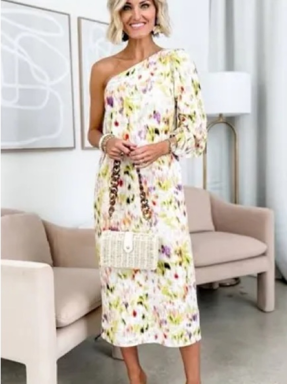 One-Shoulder Floral Midi Dress in White and Yellow